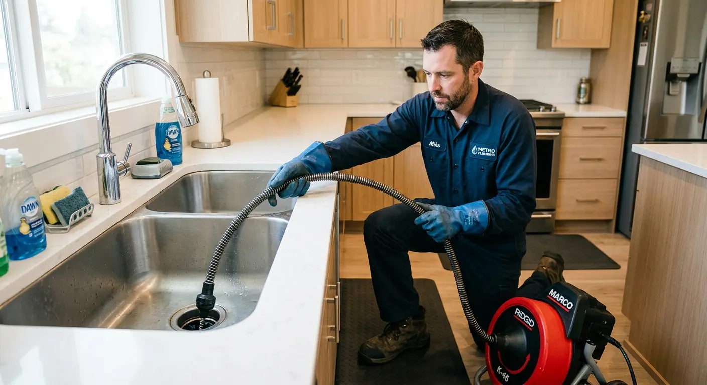 Drain cleaning technician using a motorized snake on a kitchen sink in Kenosha