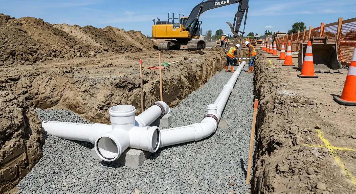New PVC sewer pipe installation in open trench for Commercial Drain Cleaning in Kenosha