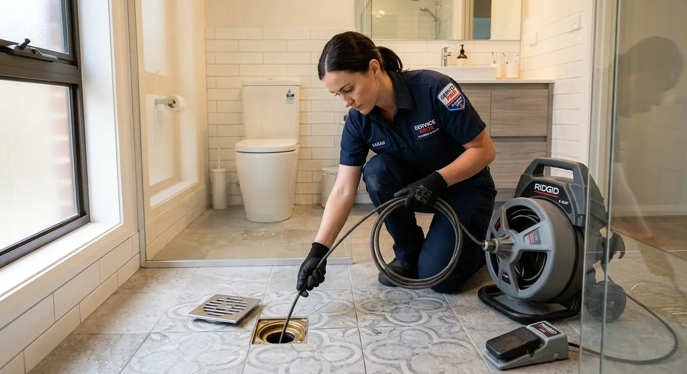 Technician clearing a bathroom floor drain for Clogged Drain Repair in Kenosha